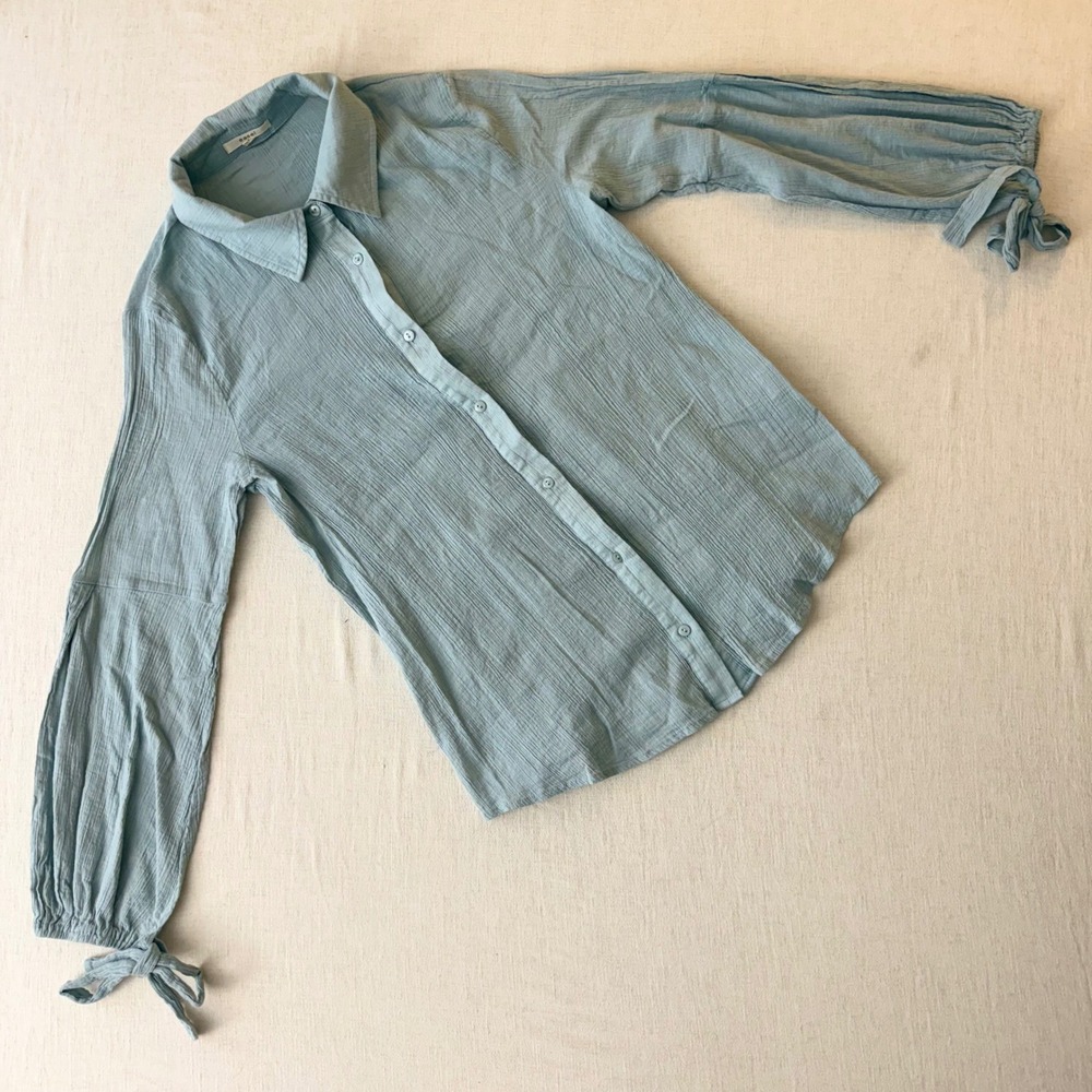 Easel Womens Small Blue Grey Crinkle Gauze Cotton Button Down Tie Sleeve Shirt - Picture 2 of 10